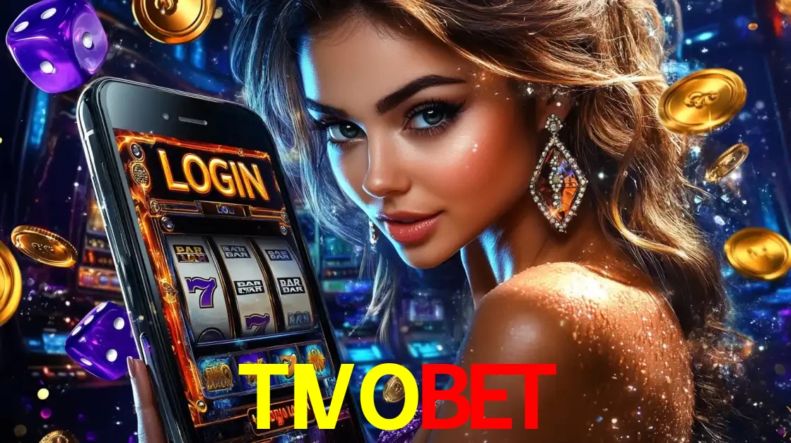 Mulher glamorosa segurando um smartphone com a tela de login para os jogos de caça-níqueis do cassino online TIVOBET, com moedas de ouro e dados ao redor.
