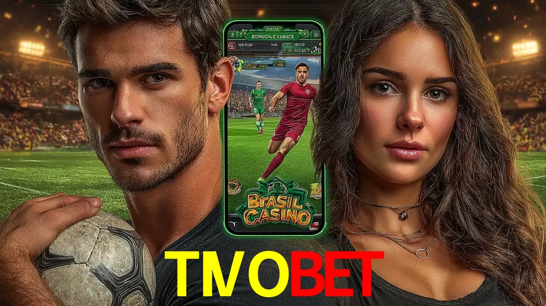 Homem segurando uma bola de futebol e uma mulher ao lado de um smartphone exibindo o jogo de apostas esportivas da TIVOBET. Faça seu palpite no cassino online.